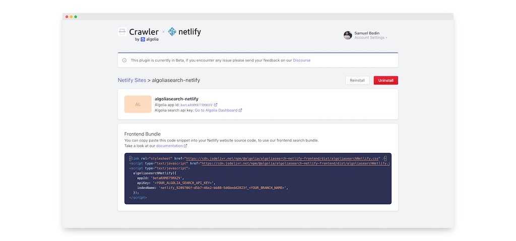 Algolia installed on Netlify